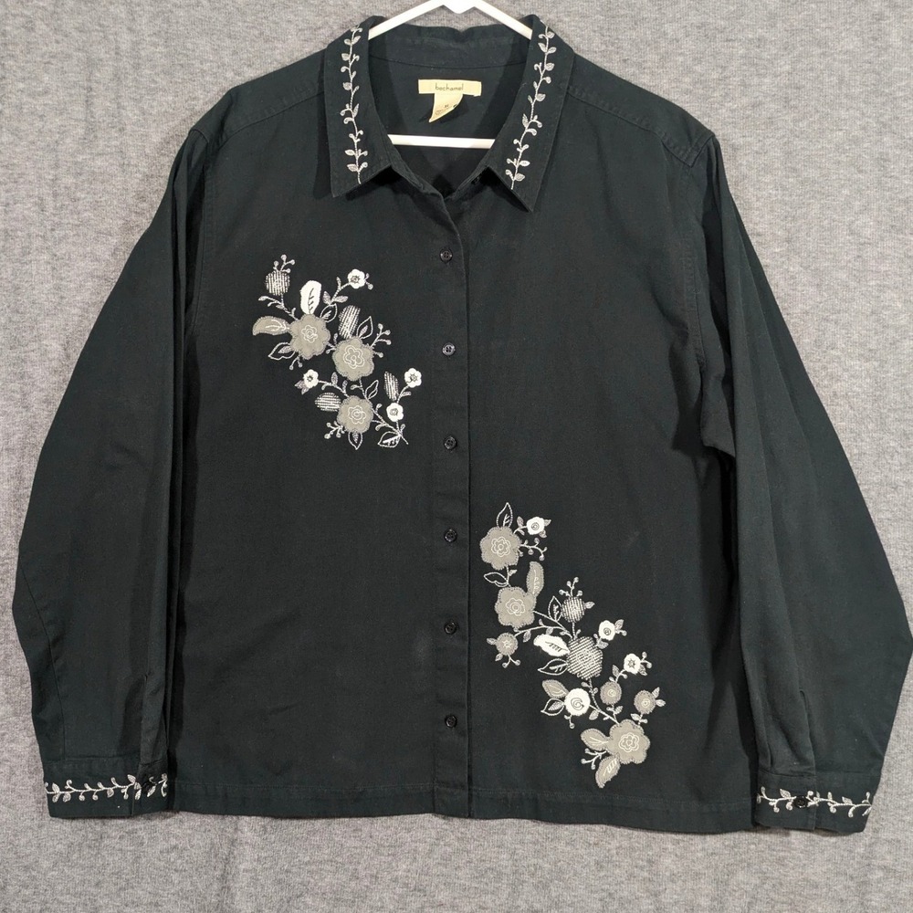 Bechamel Womens Button Down 100% Cotton‎ Jacket Black Floral Embroidered Size XL